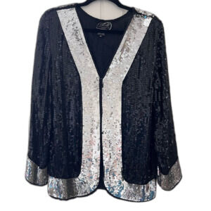 JLB Full Sequin Cardigan Silk Lined Black Silver Size Medium Evening vintage